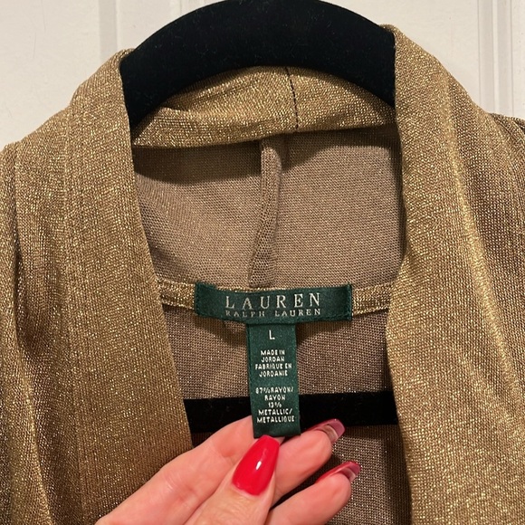 Lauren Ralph Lauren Gold Metallic Shimmer Open Front Cardigan Large shawl - Picture 2 of 9